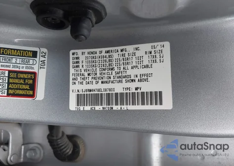 2014 Honda Cr-V Ex-L z USA, uszkodzony, nr VIN 5J6RM4H78EL087800